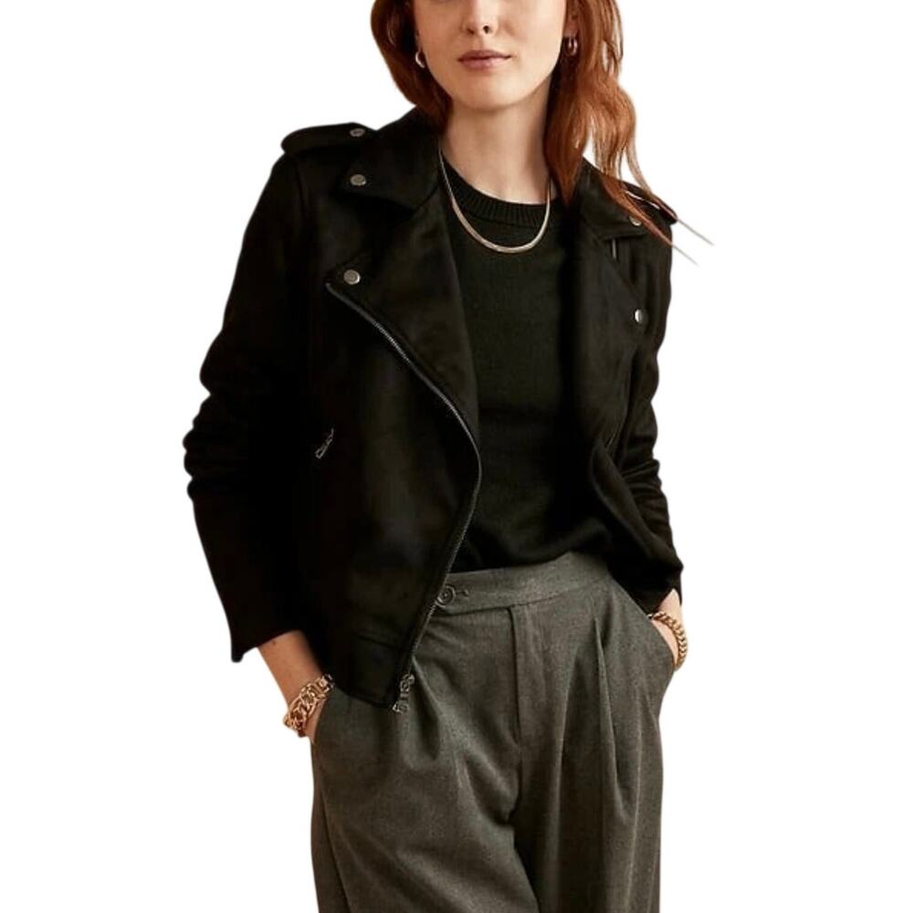 Banana Republic Vegan Faux Suede Moto Jacket Black Zip Front Pockets Small